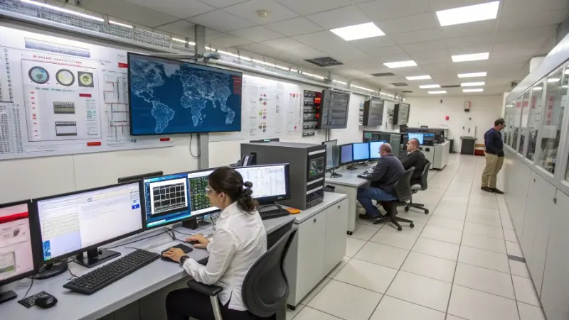 Professional digital forensics laboratory with computer workstations and evidence processing equipment