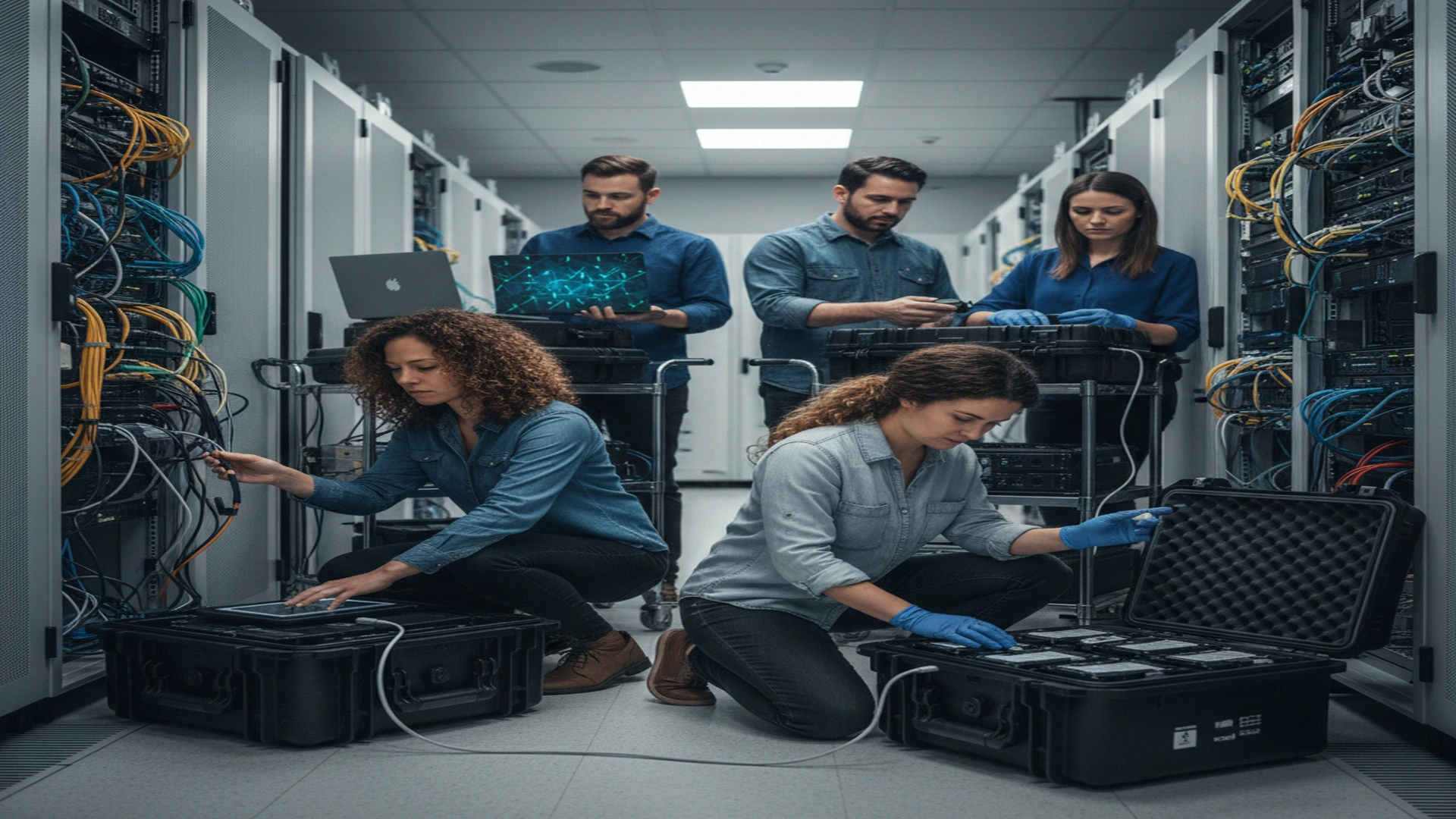 Enterprise incident response team deploying forensic collection kits with laptops tablets and portable storage devices in corporate datacenter