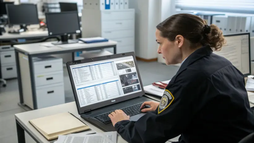 A forensic investigator working at a laptop examining digital evidence files and transaction records spread across multiple open windows in an office environment