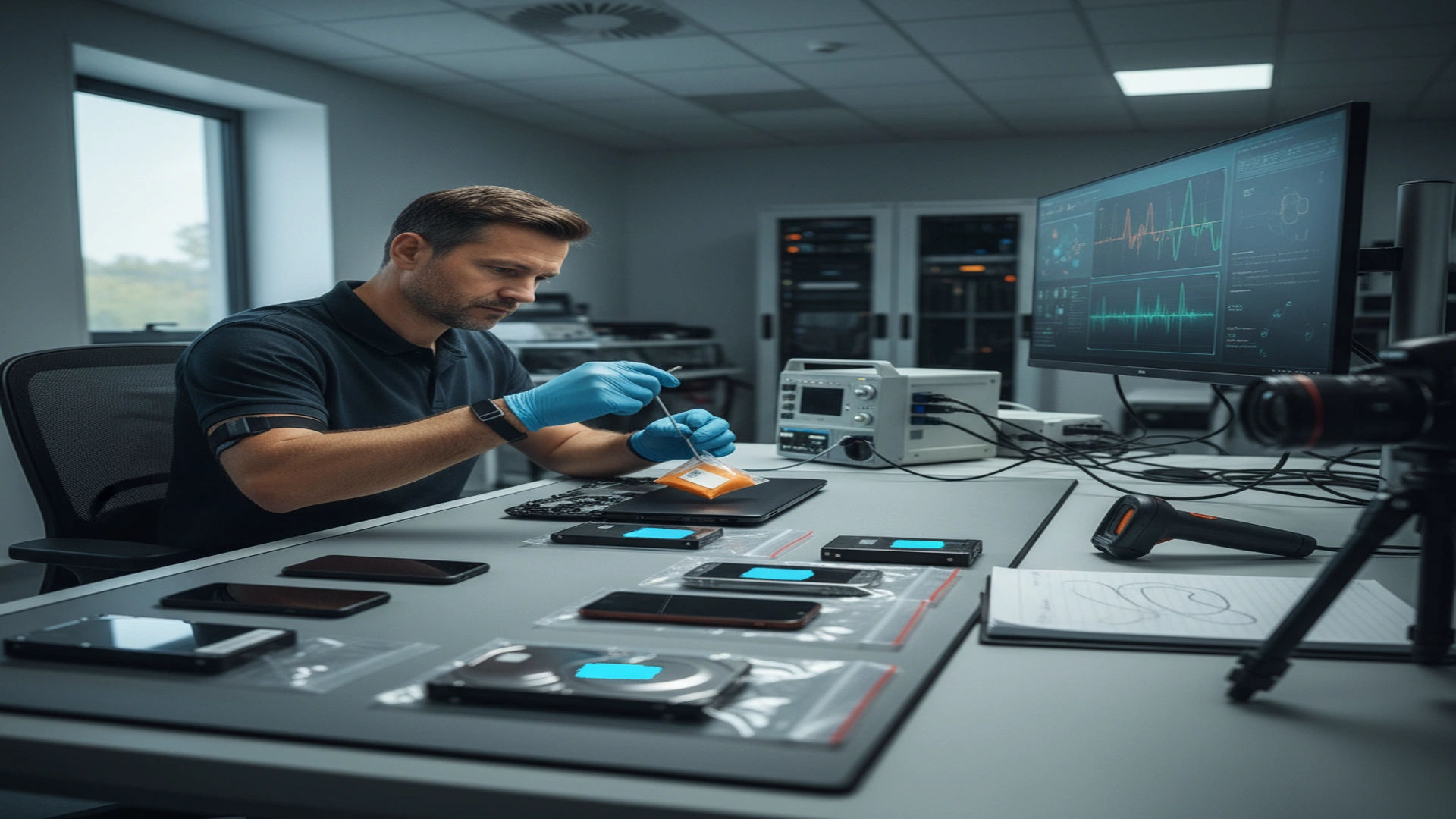 Professional investigator conducting digital forensics examination with proper evidence handling procedures